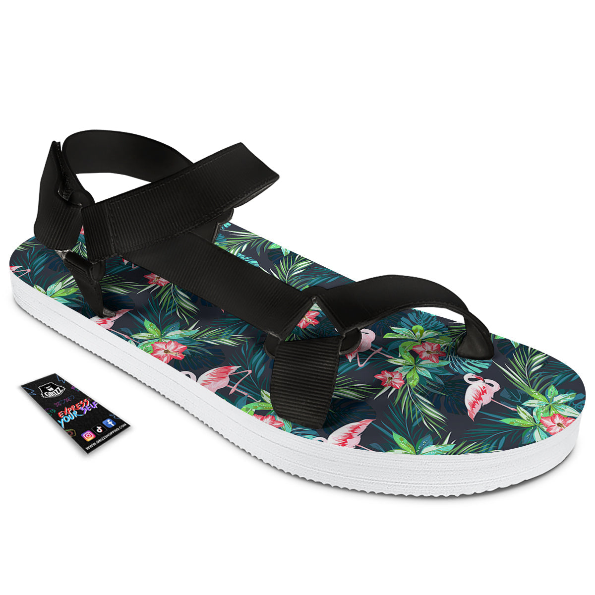 Hibiscus And Tropical Flamingo Print Pattern Black Open Toe Sandals-grizzshop
