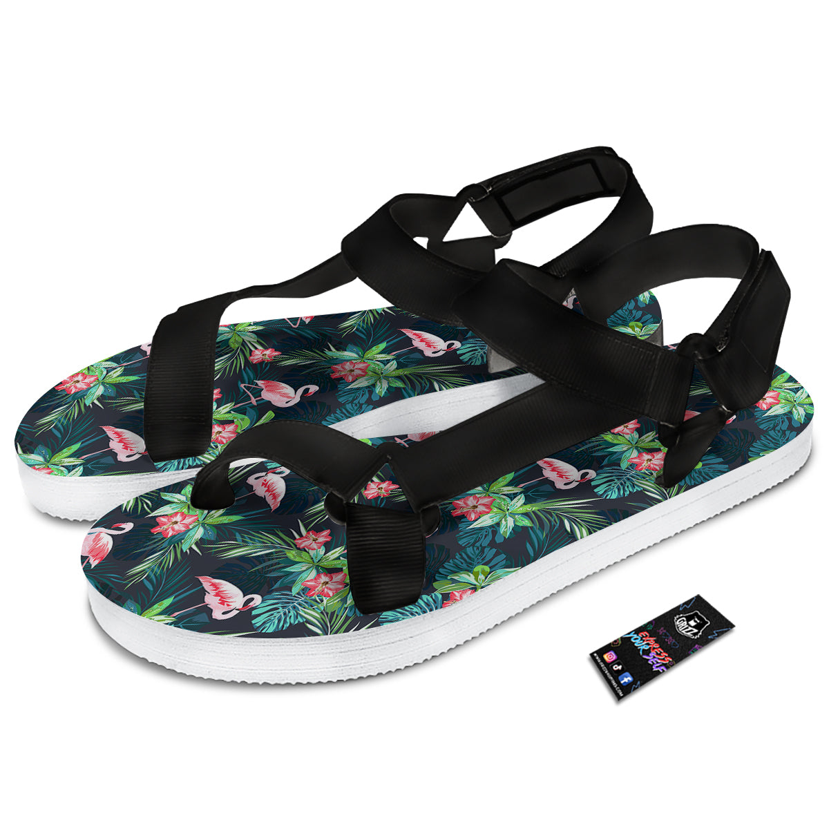 Hibiscus And Tropical Flamingo Print Pattern Black Open Toe Sandals-grizzshop