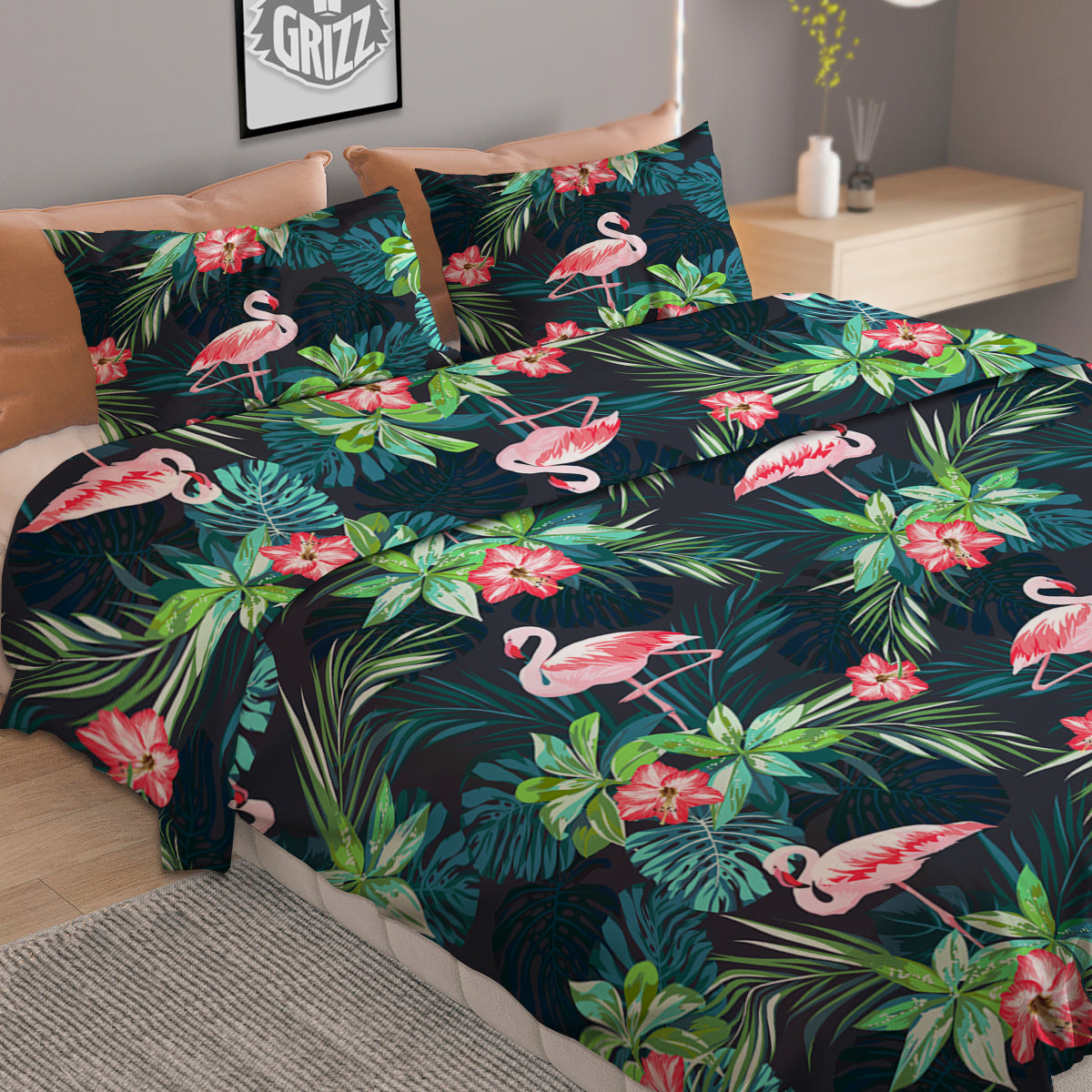 Hibiscus And Tropical Flamingo Print Pattern Duvet Cover Bedding Set