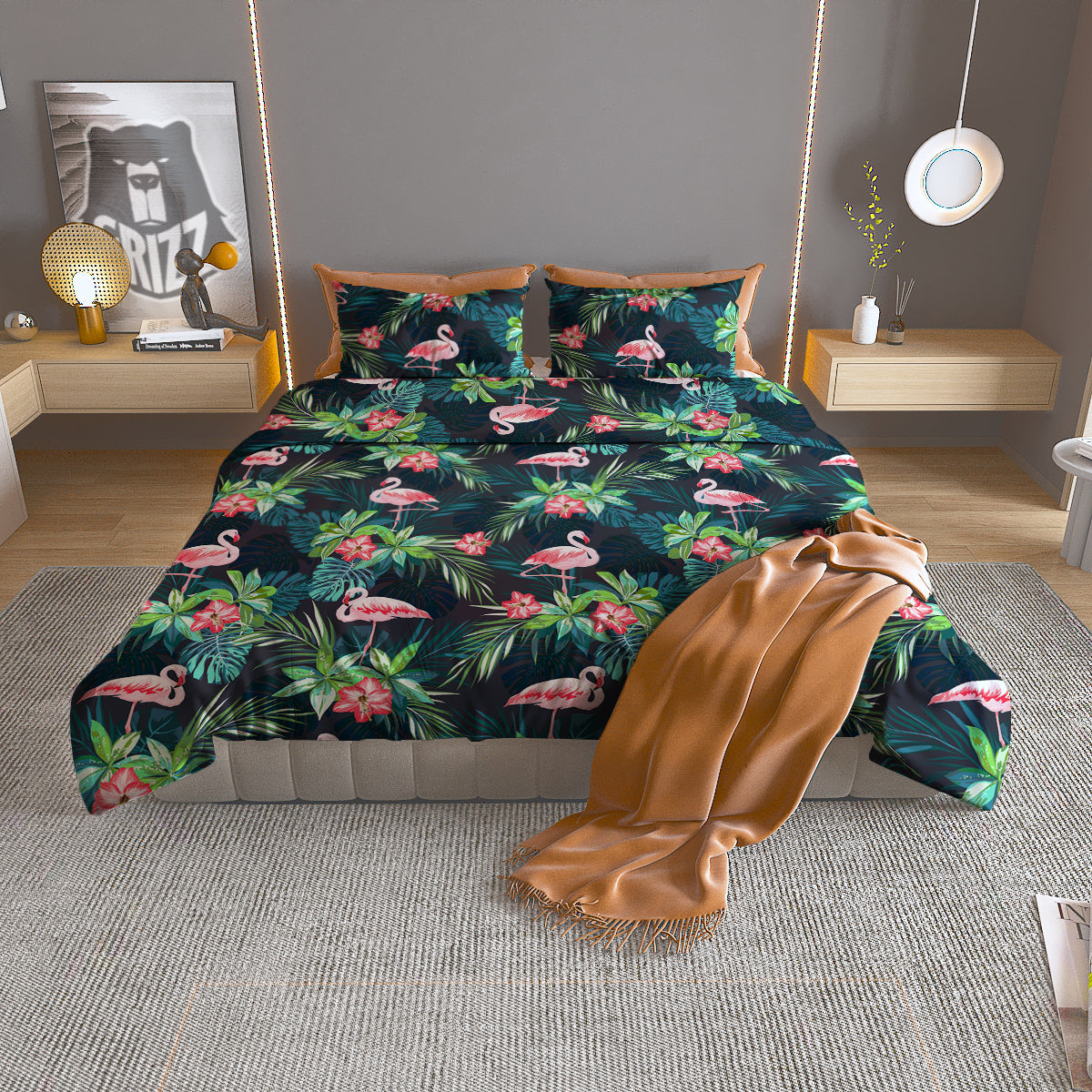 Hibiscus And Tropical Flamingo Print Pattern Duvet Cover Bedding Set
