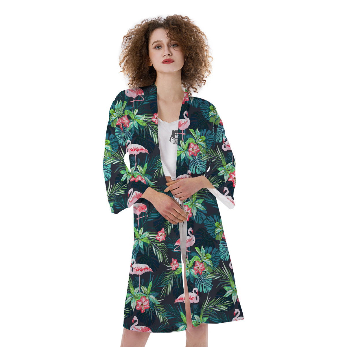 Hibiscus And Tropical Flamingo Print Pattern Kimono-grizzshop