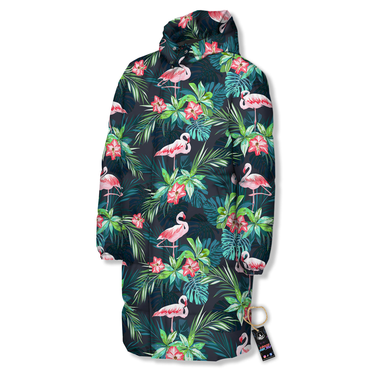Hibiscus And Tropical Flamingo Print Pattern Long Down Jacket-grizzshop