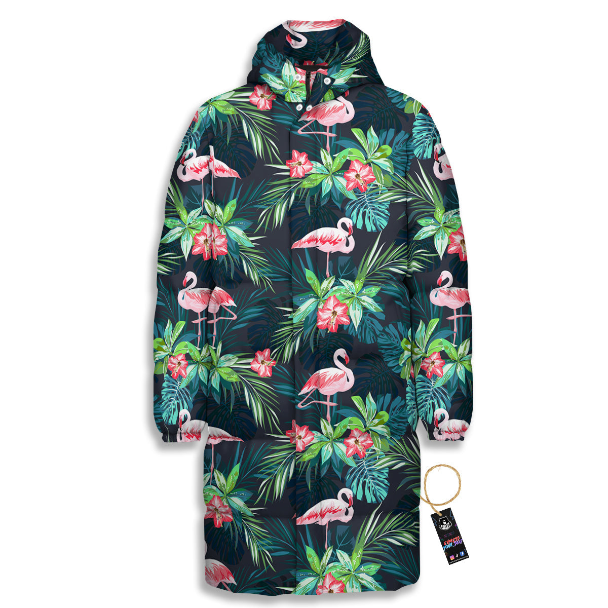 Hibiscus And Tropical Flamingo Print Pattern Long Down Jacket-grizzshop