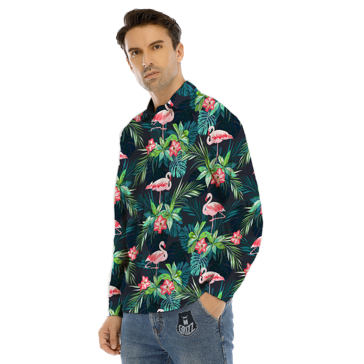 Hibiscus And Tropical Flamingo Print Pattern Men's Dress Shirts-grizzshop