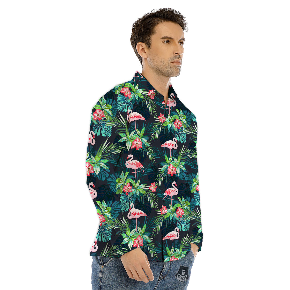 Hibiscus And Tropical Flamingo Print Pattern Men's Dress Shirts-grizzshop