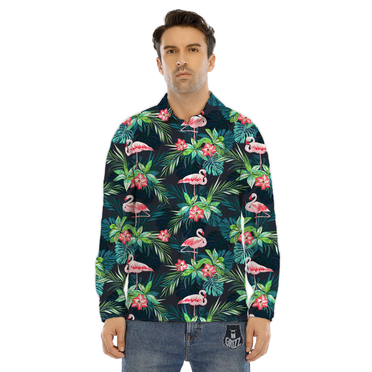 Hibiscus And Tropical Flamingo Print Pattern Men's Dress Shirts-grizzshop
