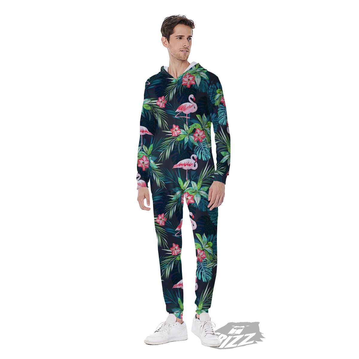 Hibiscus And Tropical Flamingo Print Pattern Men's Jumpsuit-grizzshop