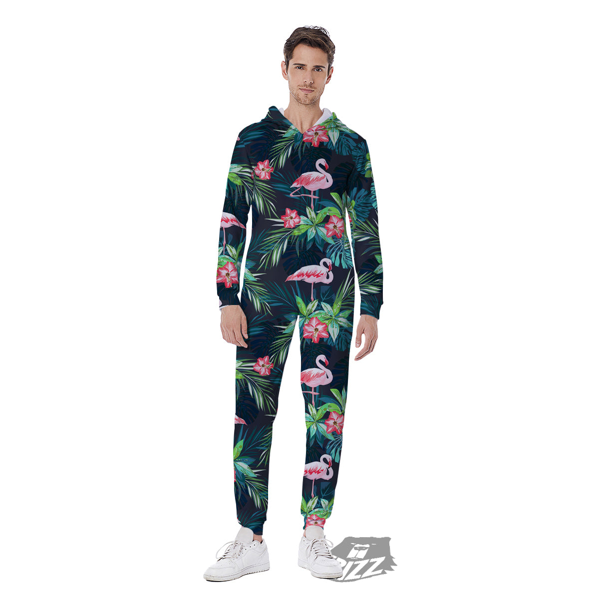 Hibiscus And Tropical Flamingo Print Pattern Men's Jumpsuit-grizzshop