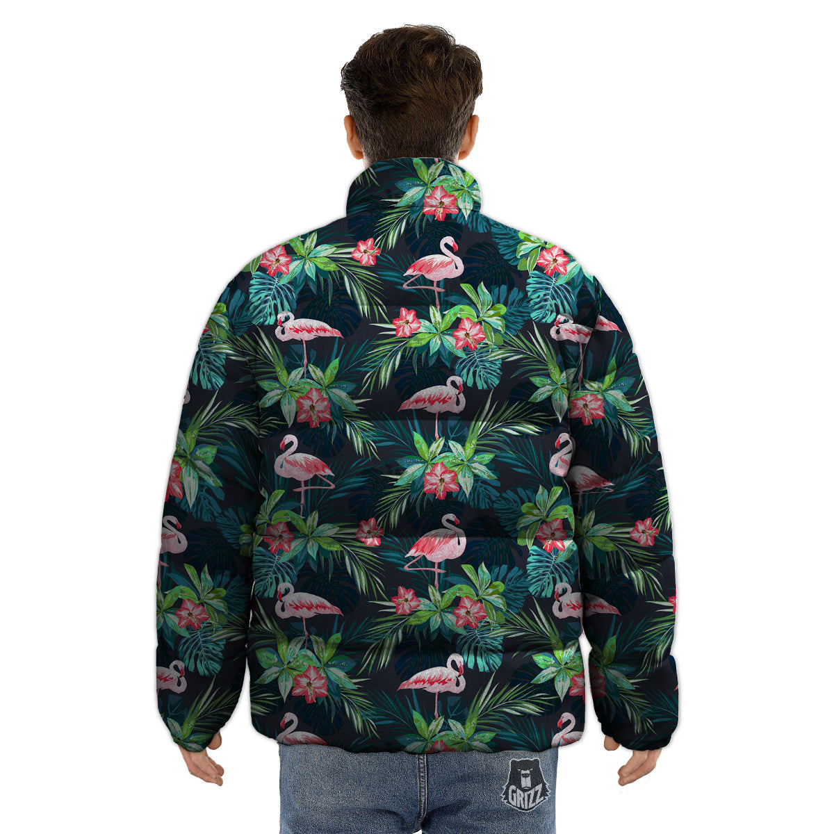 Hibiscus And Tropical Flamingo Print Pattern Puffer Jacket-grizzshop