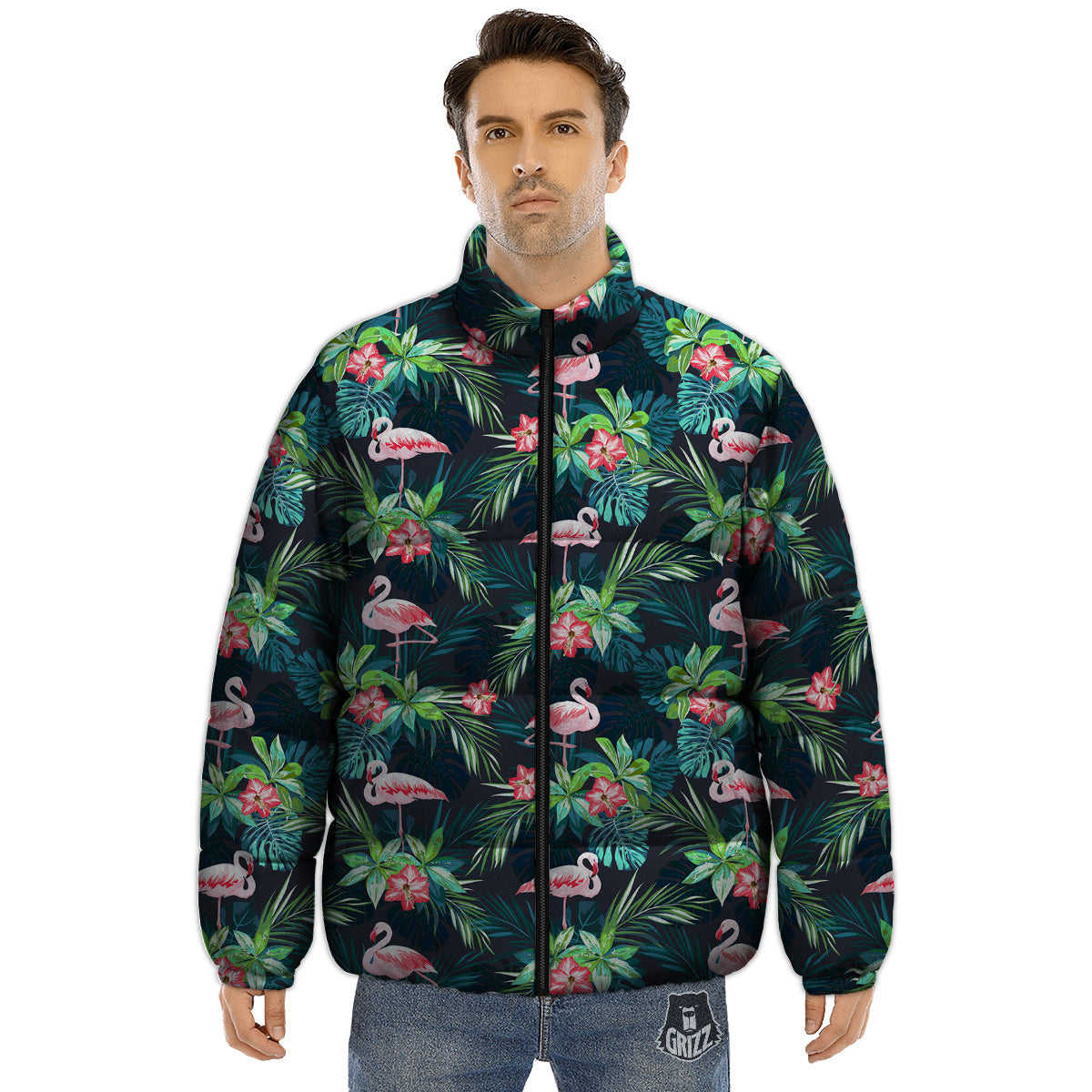 Hibiscus And Tropical Flamingo Print Pattern Puffer Jacket-grizzshop