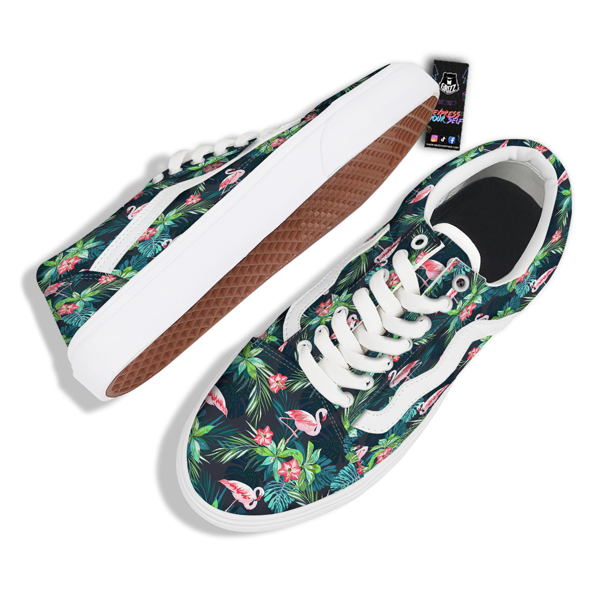 Hibiscus And Tropical Flamingo Print Pattern Skate Shoes-grizzshop