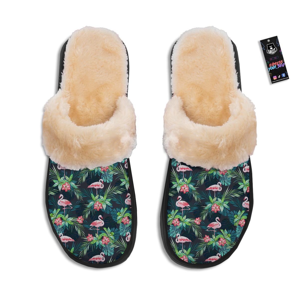 Hibiscus And Tropical Flamingo Print Pattern Slippers-grizzshop