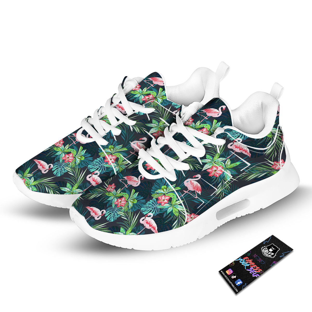 Hibiscus And Tropical Flamingo Print Pattern Tennis Shoes-grizzshop