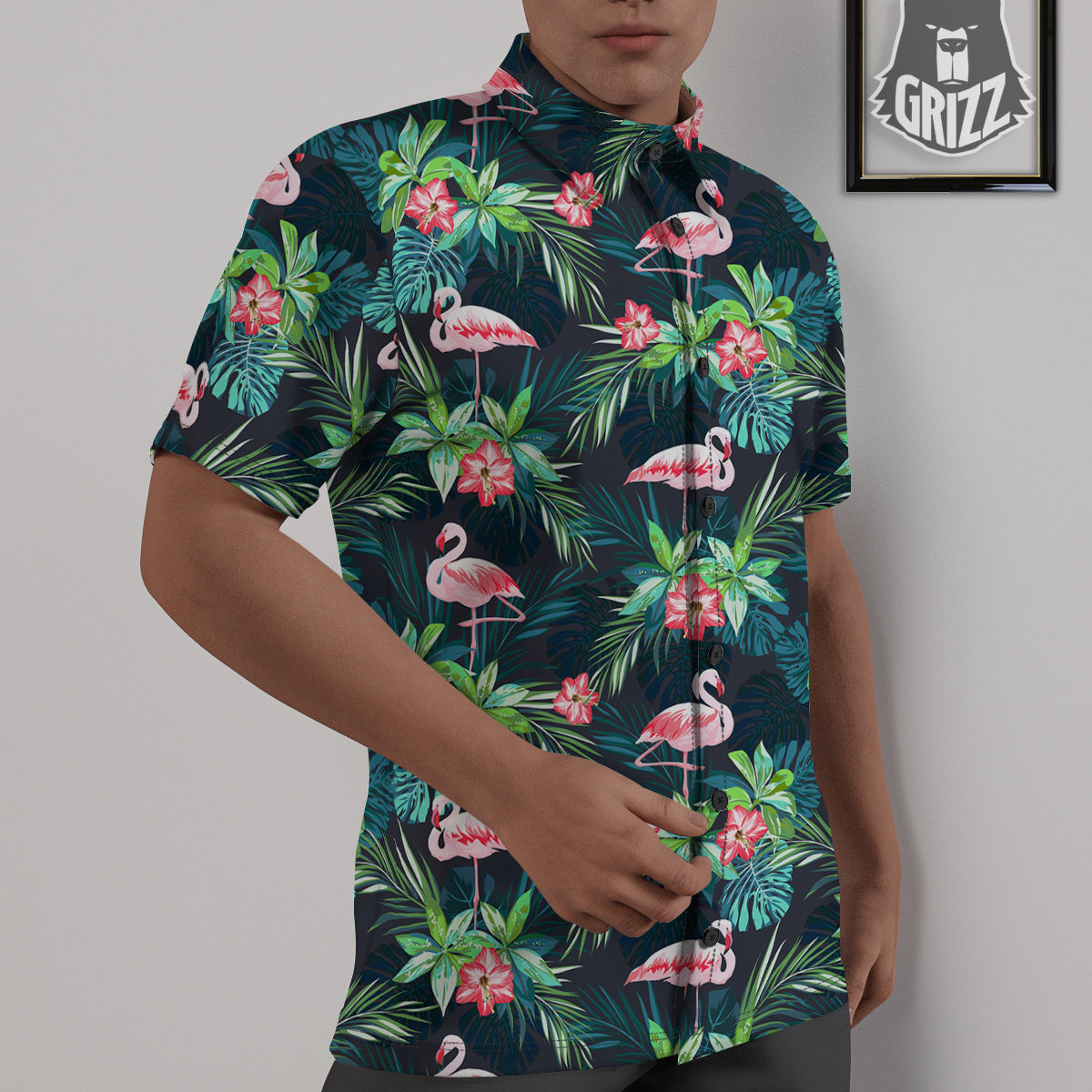 Hibiscus And Tropical Flamingo Print Pattern Untucked Shirts-grizzshop