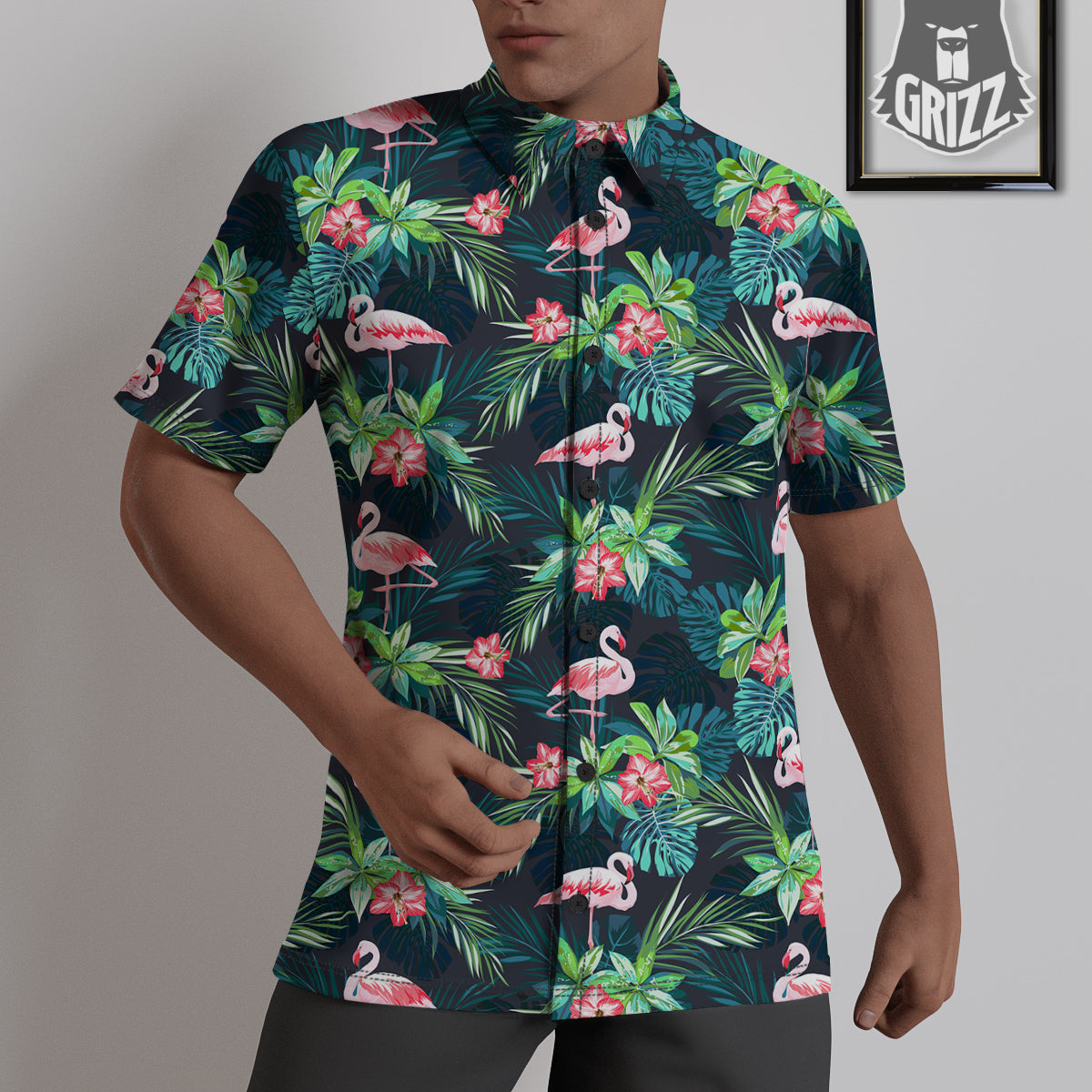 Hibiscus And Tropical Flamingo Print Pattern Untucked Shirts-grizzshop