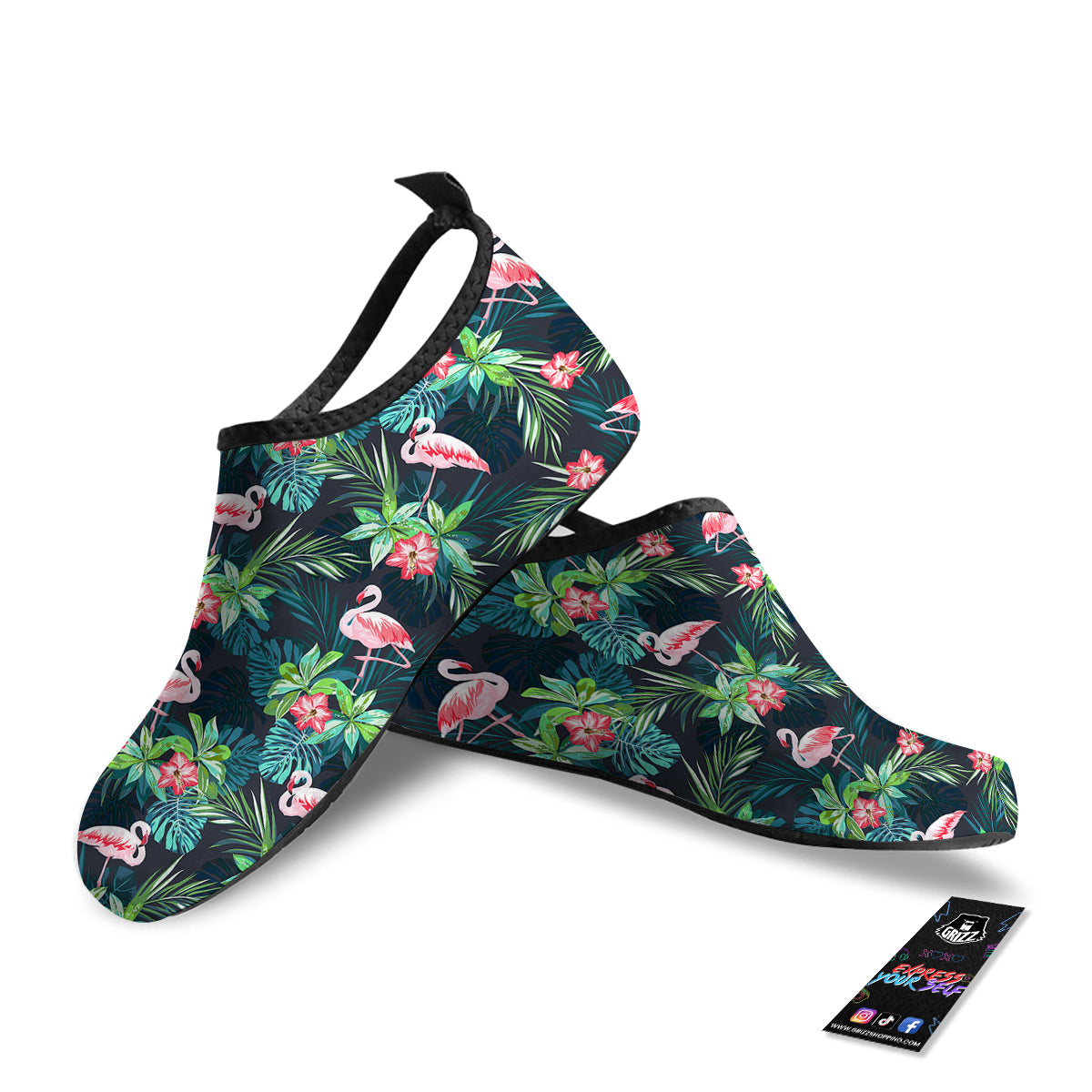 Hibiscus And Tropical Flamingo Print Pattern Water Shoes-grizzshop