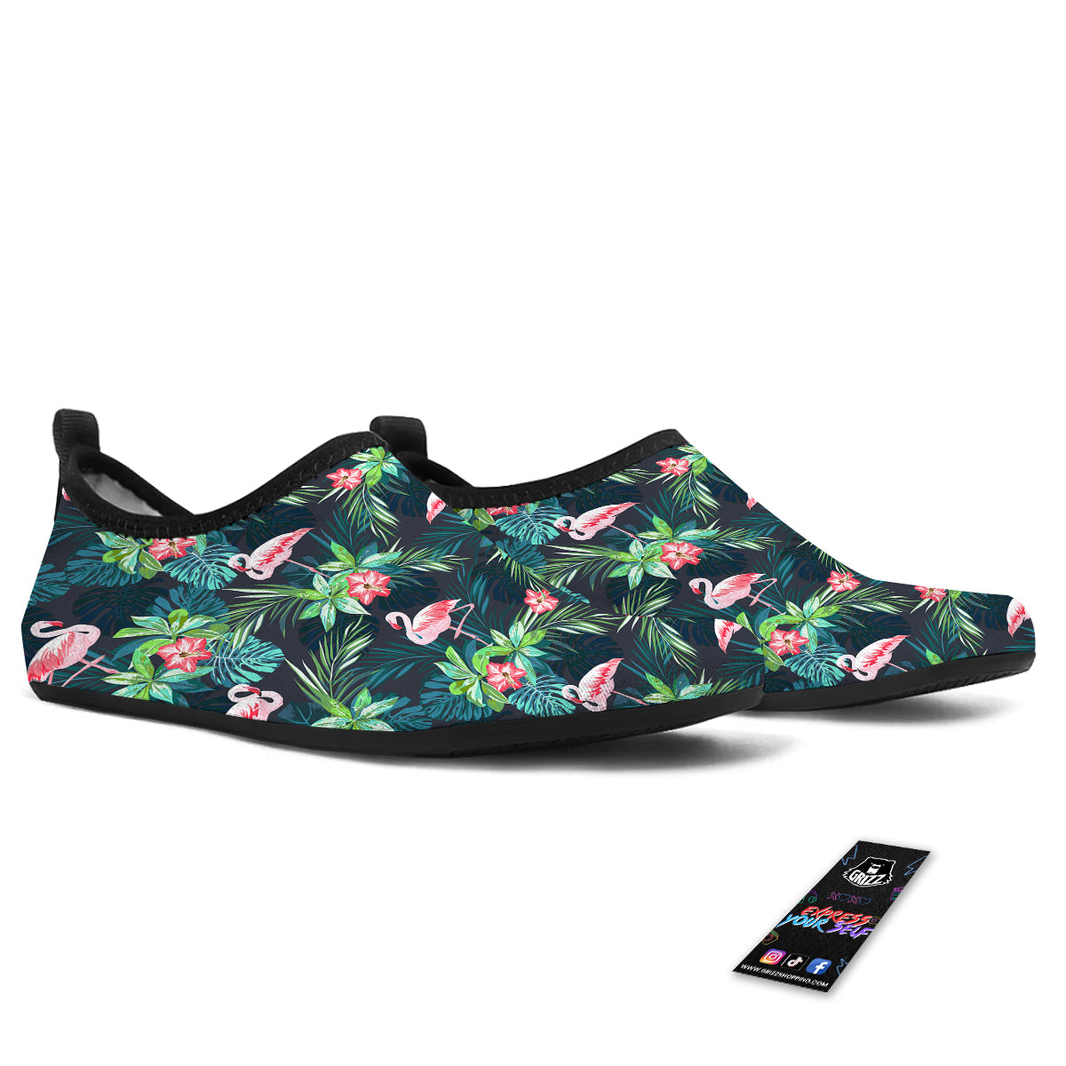 Hibiscus And Tropical Flamingo Print Pattern Water Shoes-grizzshop
