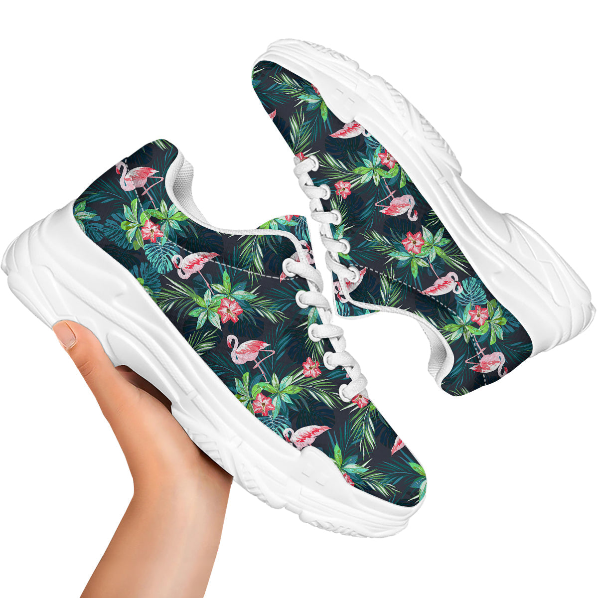 Hibiscus And Tropical Flamingo Print Pattern White Chunky Shoes-grizzshop