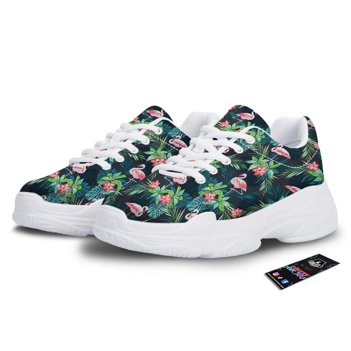 Hibiscus And Tropical Flamingo Print Pattern White Chunky Shoes-grizzshop