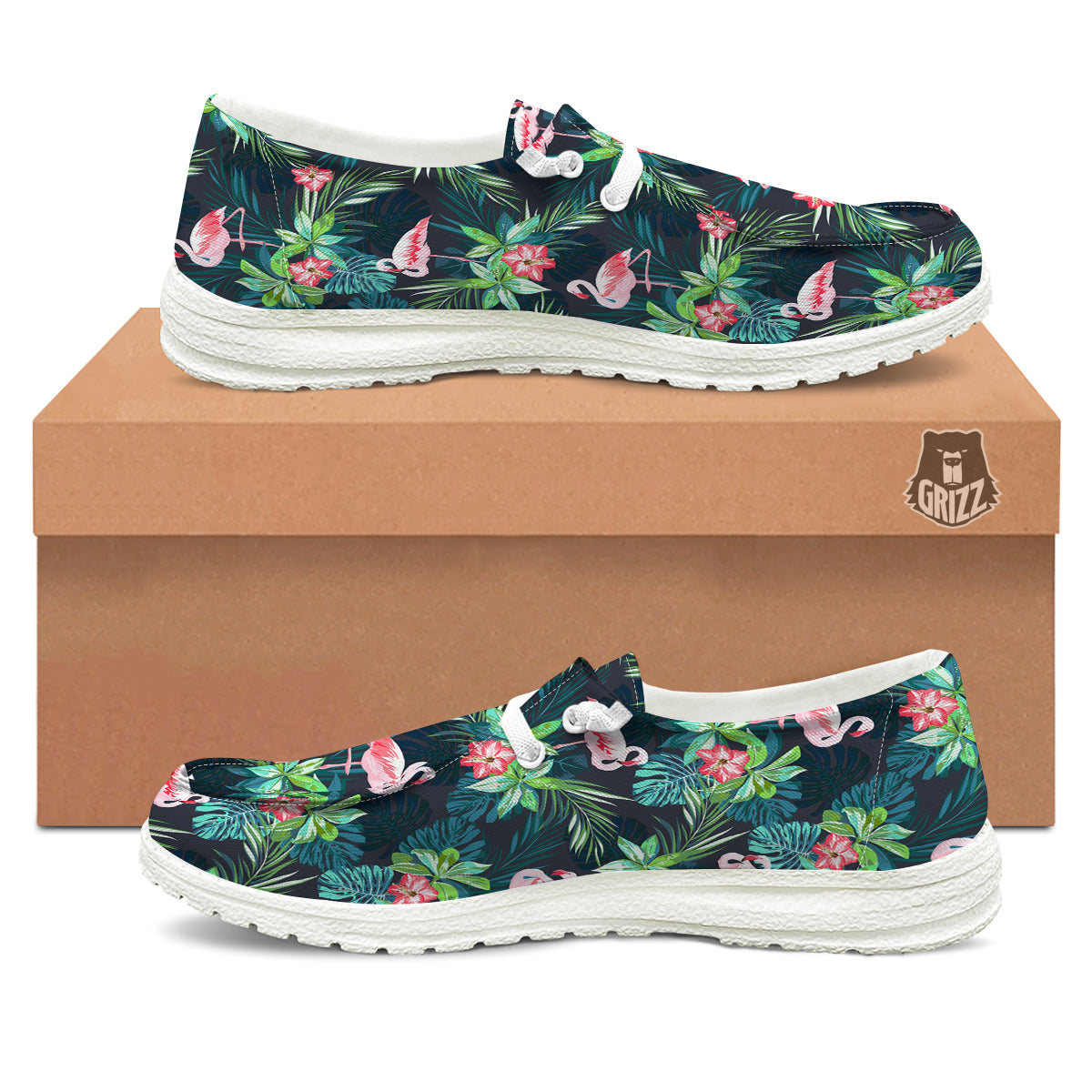 Hibiscus And Tropical Flamingo Print Pattern White Loafers-grizzshop