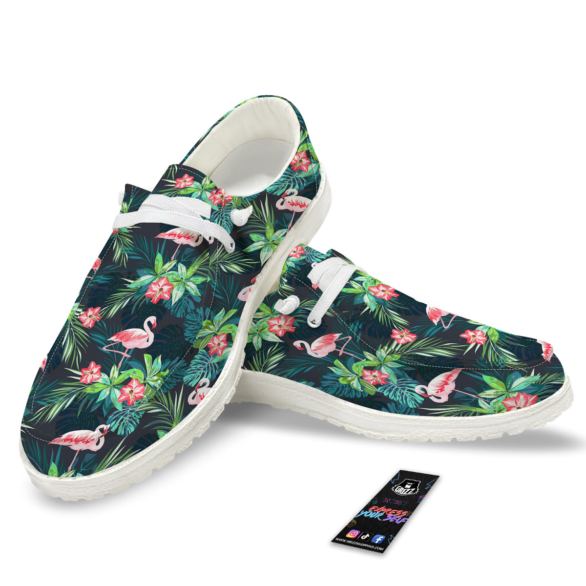 Hibiscus And Tropical Flamingo Print Pattern White Loafers-grizzshop