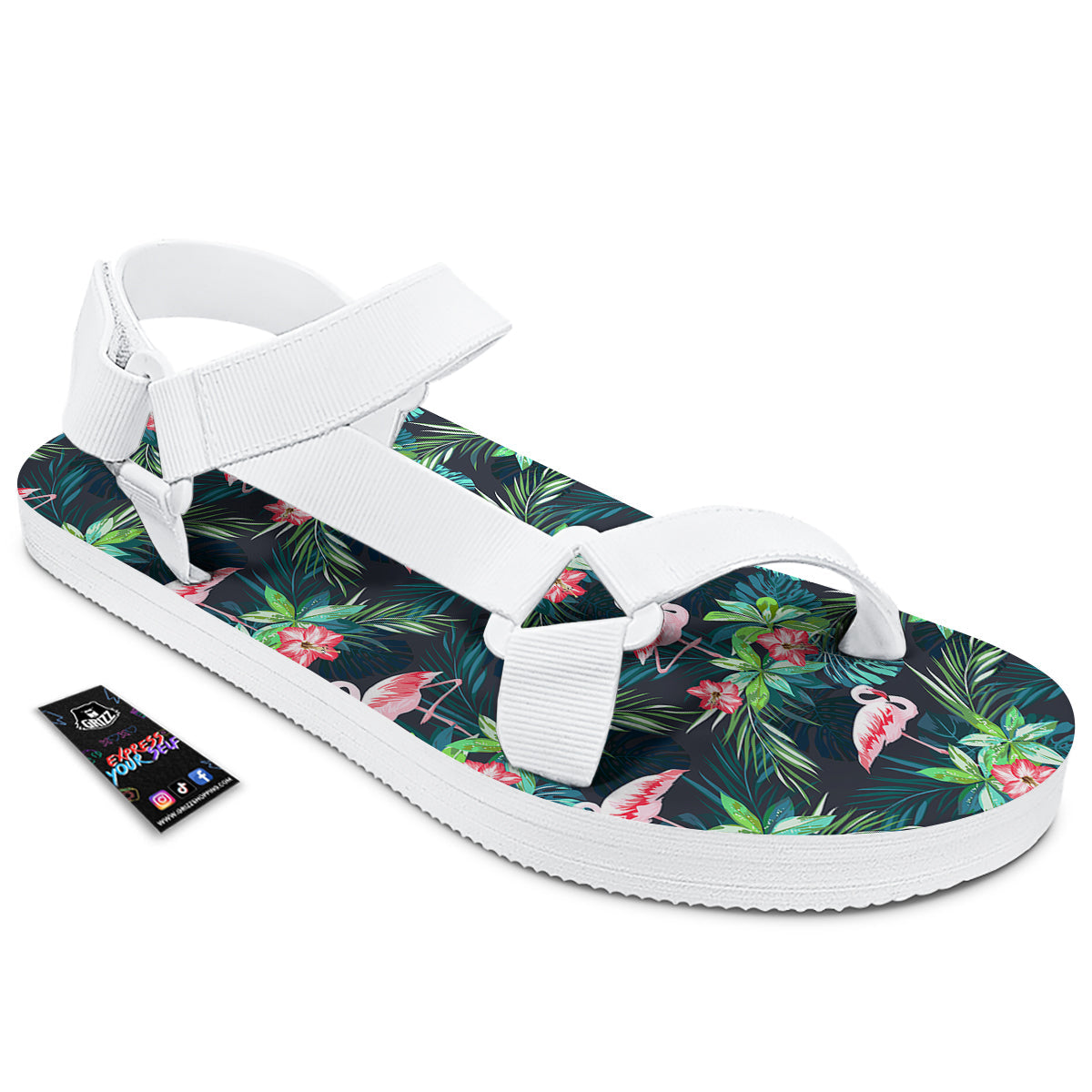 Hibiscus And Tropical Flamingo Print Pattern White Open Toe Sandals-grizzshop