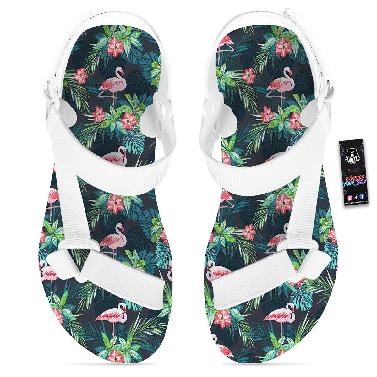 Hibiscus And Tropical Flamingo Print Pattern White Open Toe Sandals-grizzshop