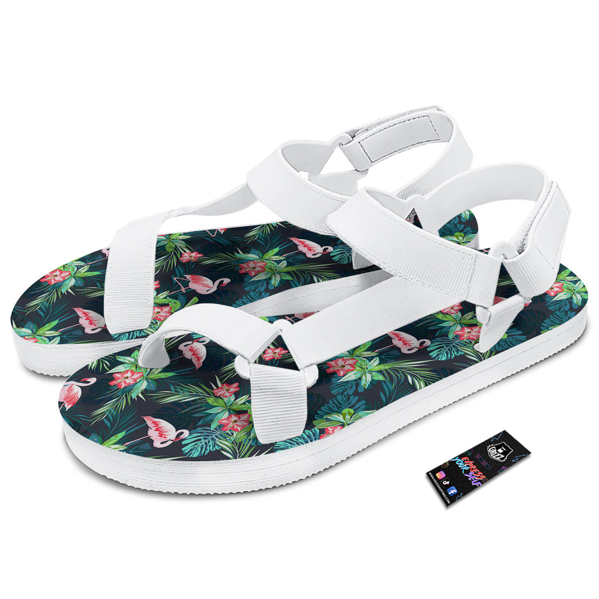 Hibiscus And Tropical Flamingo Print Pattern White Open Toe Sandals-grizzshop