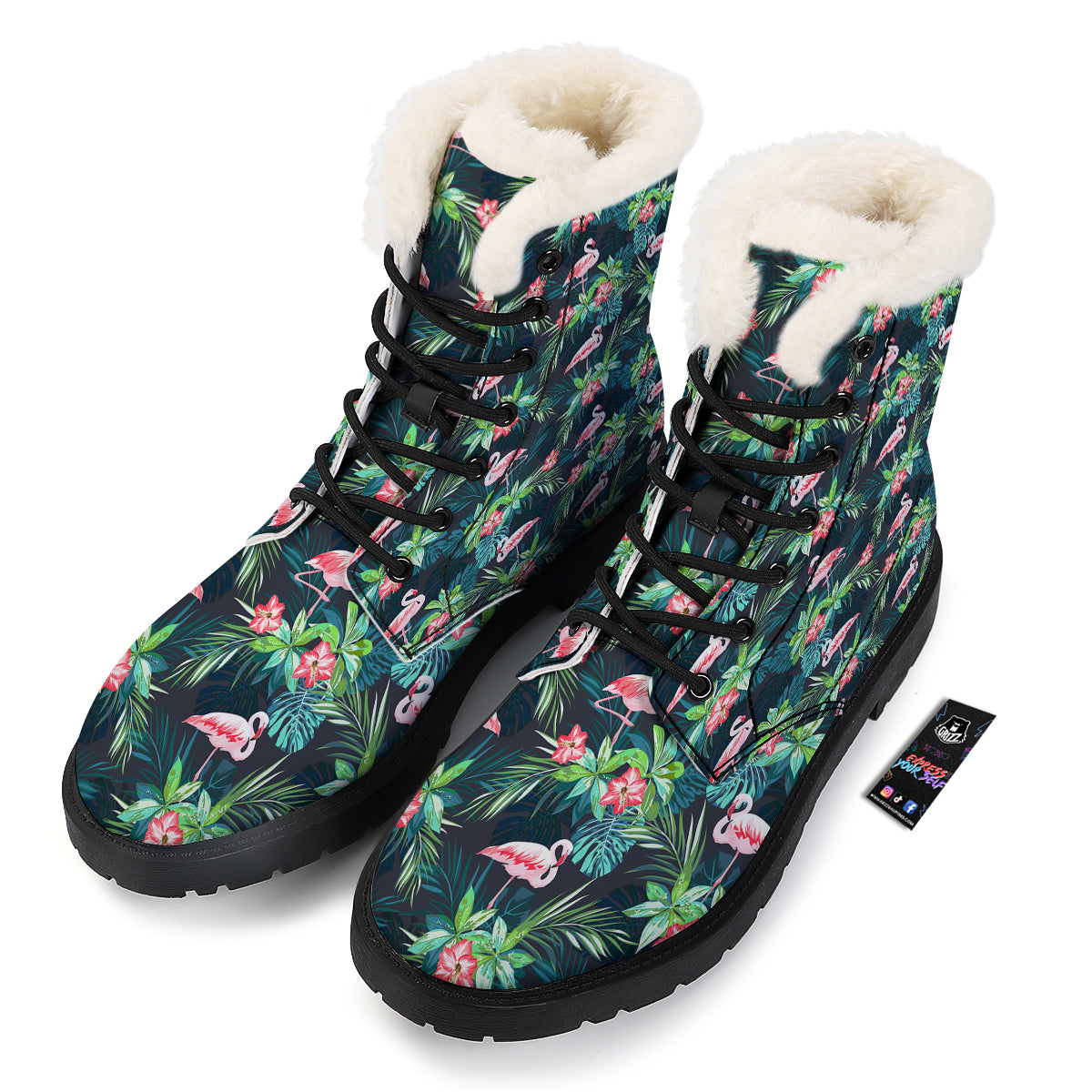 Hibiscus And Tropical Flamingo Print Pattern Winter Boots-grizzshop
