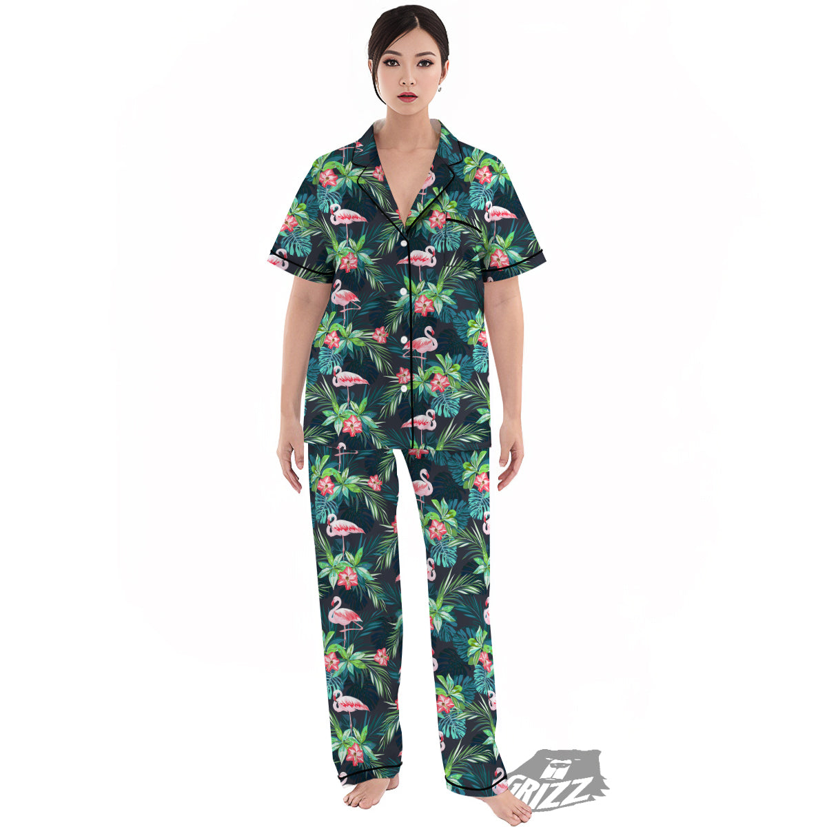 Hibiscus And Tropical Flamingo Print Pattern Women's Pajamas Set-grizzshop