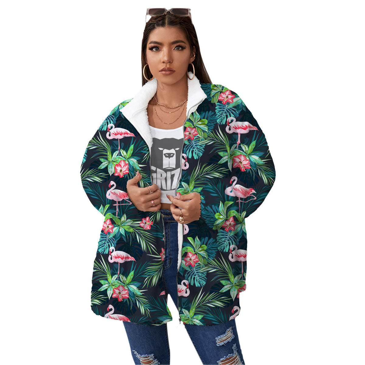 Hibiscus And Tropical Flamingo Print Pattern Women's Sherpa Jacket-grizzshop