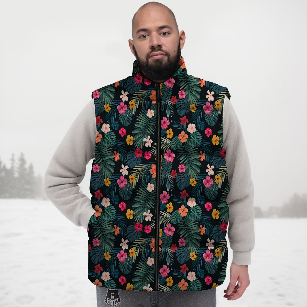 Hibiscus And Tropical Palm Print Pattern Down Vest