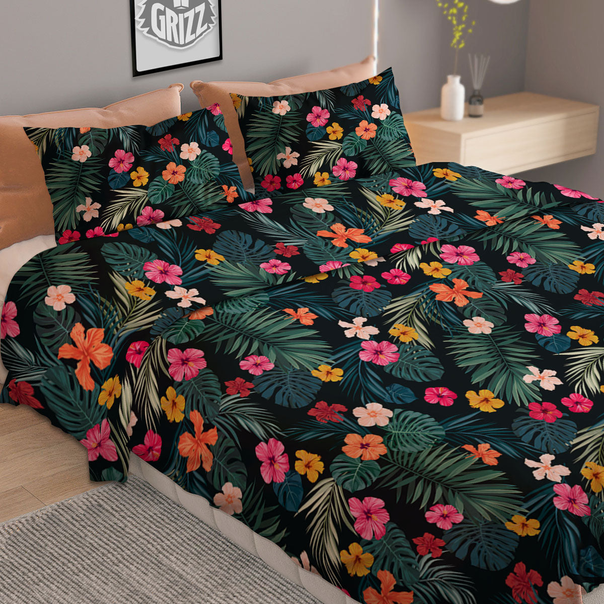 Hibiscus And Tropical Palm Print Pattern Duvet Cover Bedding Set