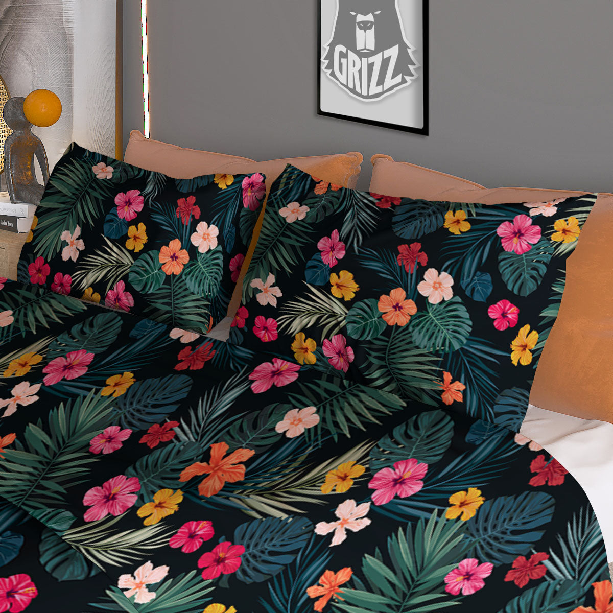 Hibiscus And Tropical Palm Print Pattern Duvet Cover Bedding Set