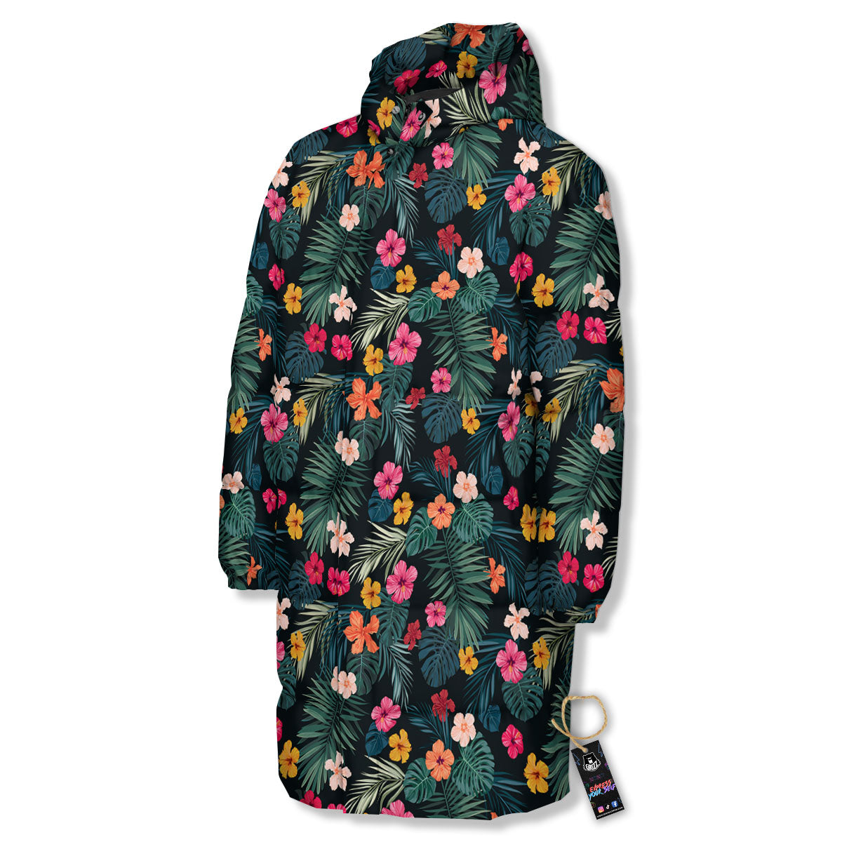 Hibiscus And Tropical Palm Print Pattern Long Down Jacket-grizzshop