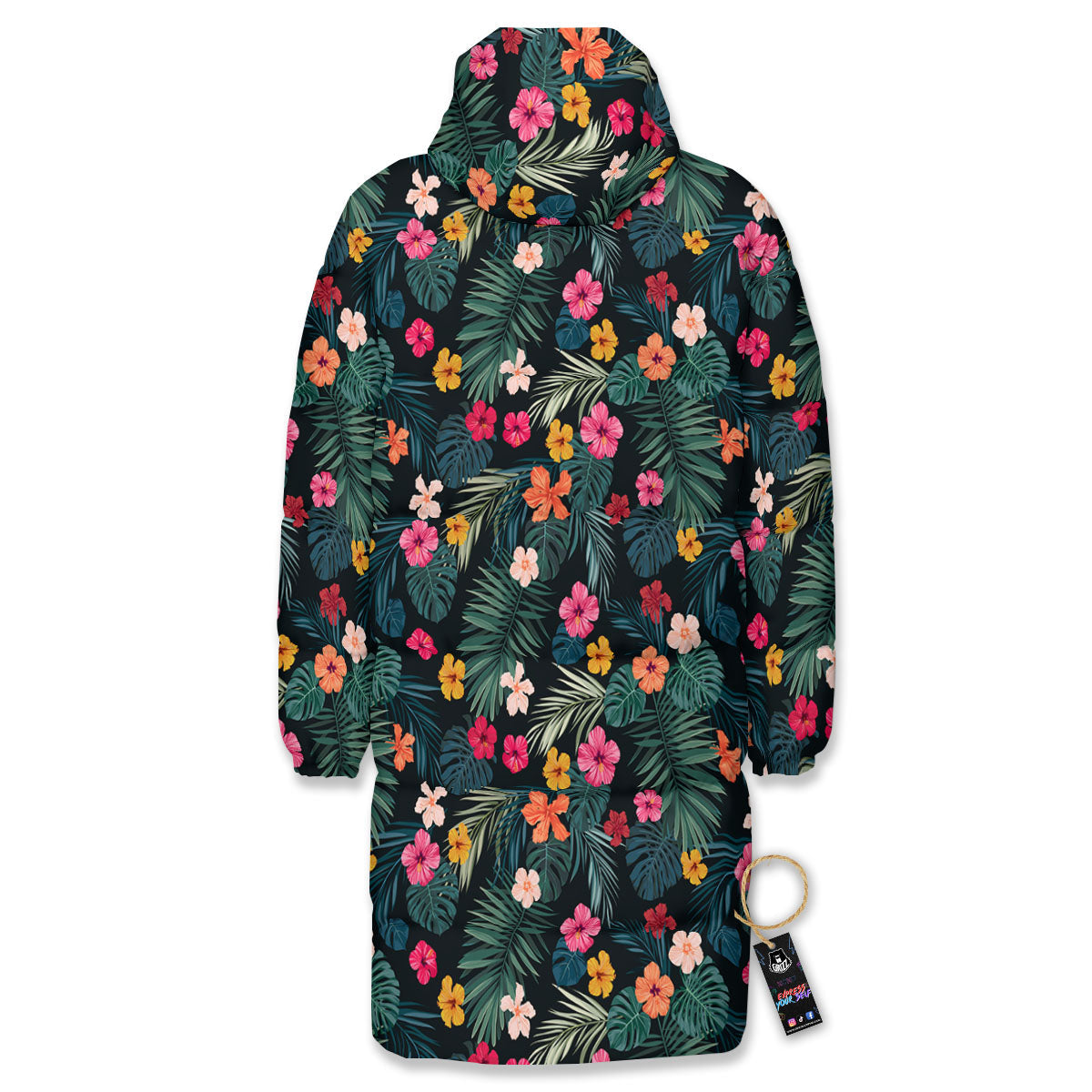 Hibiscus And Tropical Palm Print Pattern Long Down Jacket-grizzshop
