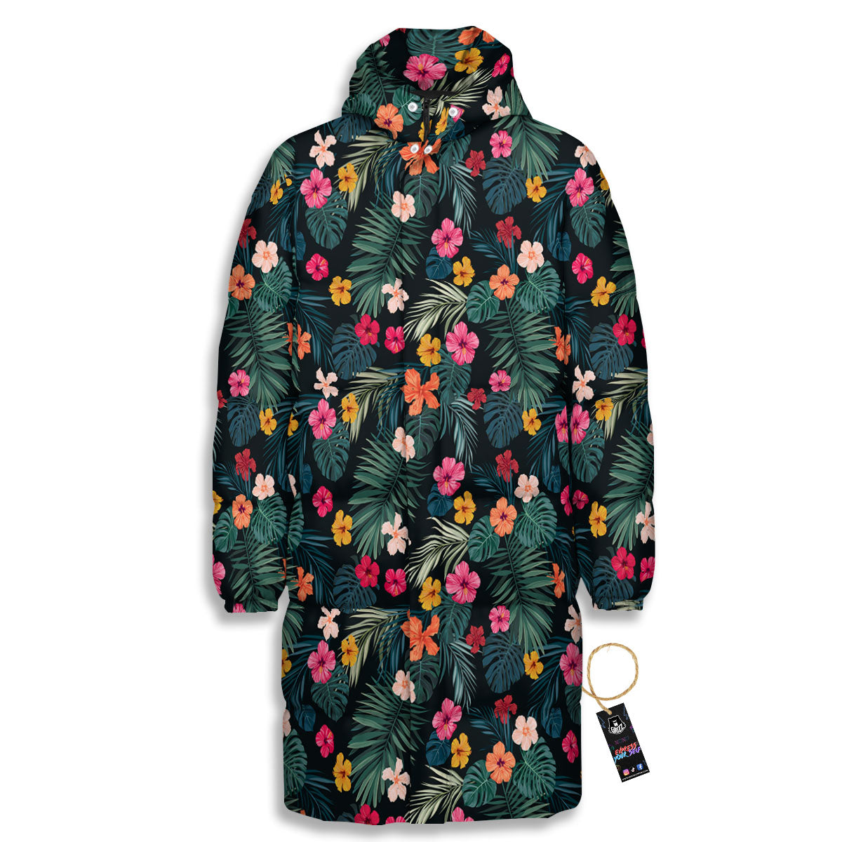 Hibiscus And Tropical Palm Print Pattern Long Down Jacket-grizzshop