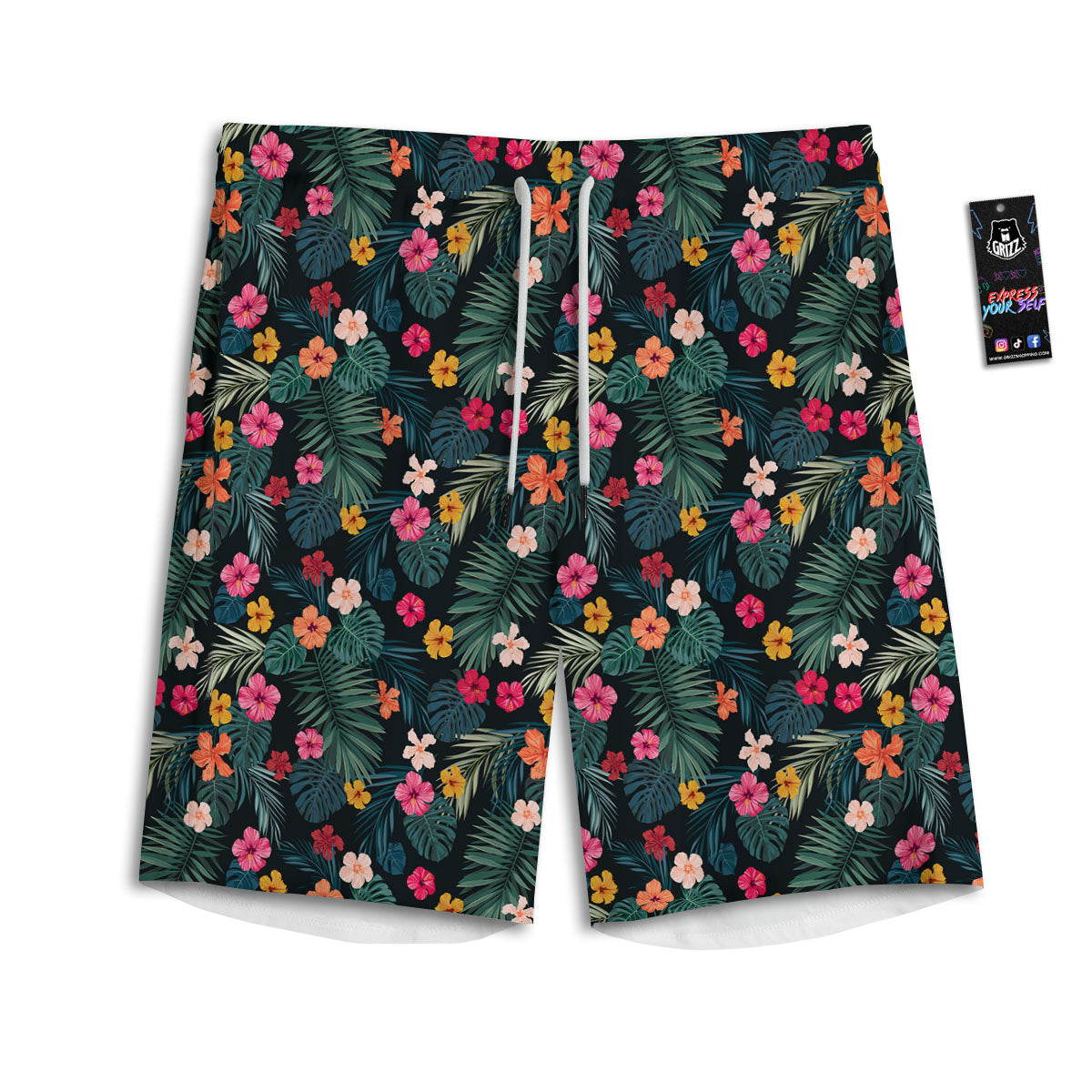 Hibiscus And Tropical Palm Print Pattern Men's Athletic Shorts