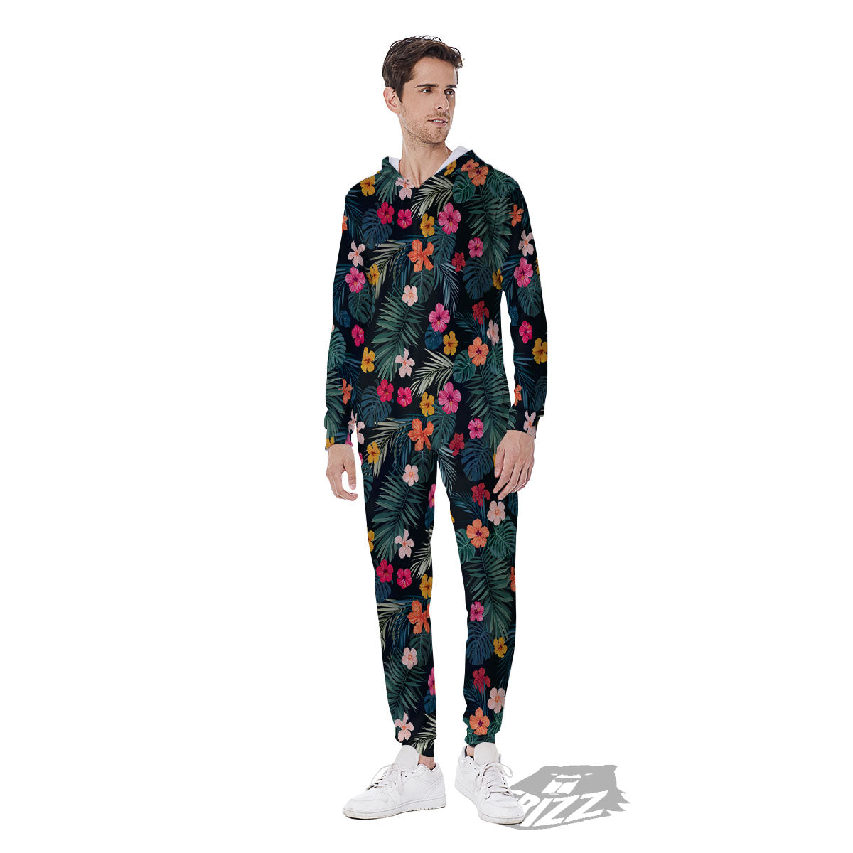 Hibiscus And Tropical Palm Print Pattern Men's Jumpsuit-grizzshop