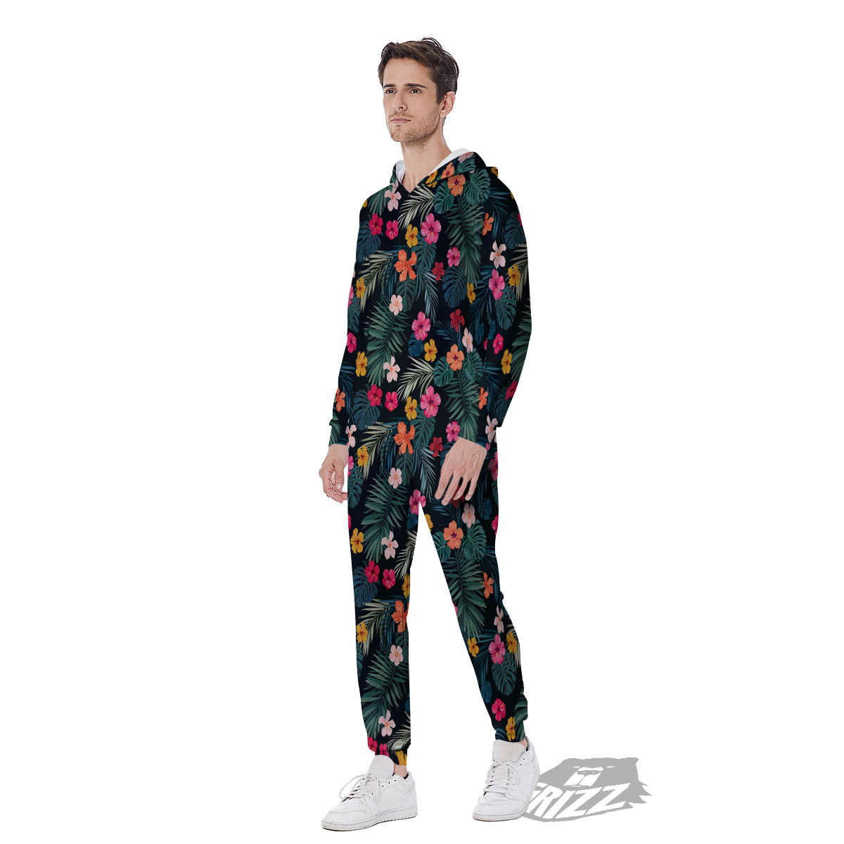 Hibiscus And Tropical Palm Print Pattern Men's Jumpsuit-grizzshop