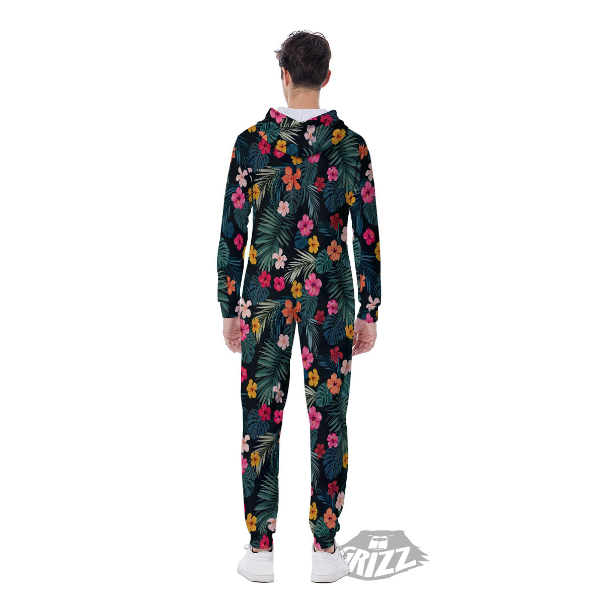 Hibiscus And Tropical Palm Print Pattern Men's Jumpsuit-grizzshop