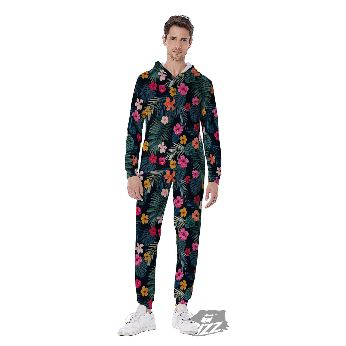 Hibiscus And Tropical Palm Print Pattern Men's Jumpsuit-grizzshop