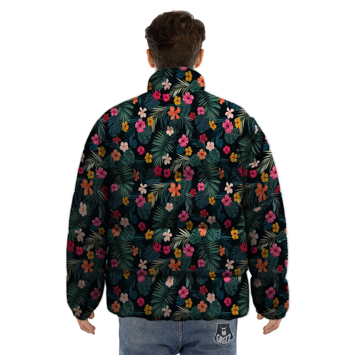 Hibiscus And Tropical Palm Print Pattern Puffer Jacket-grizzshop