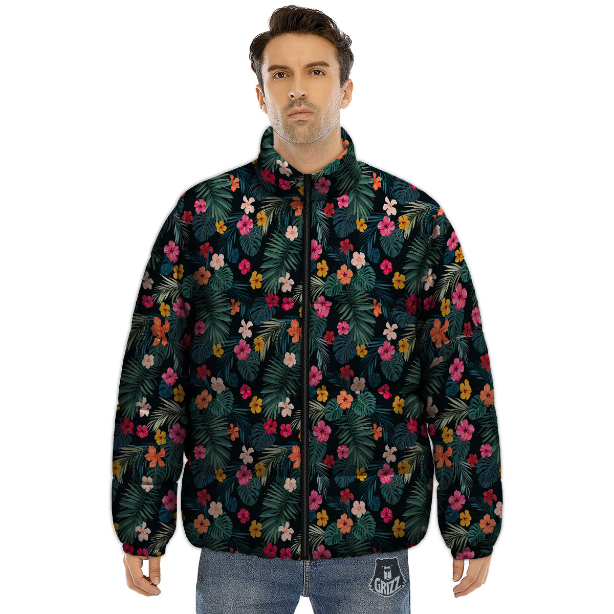 Hibiscus And Tropical Palm Print Pattern Puffer Jacket-grizzshop