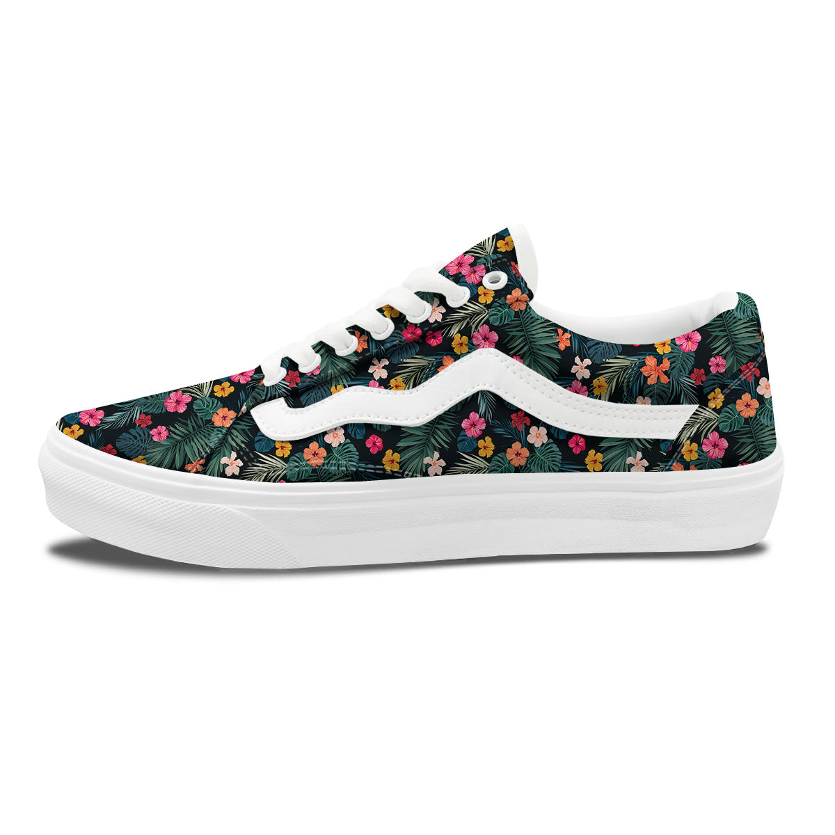 Hibiscus And Tropical Palm Print Pattern Skate Shoes-grizzshop