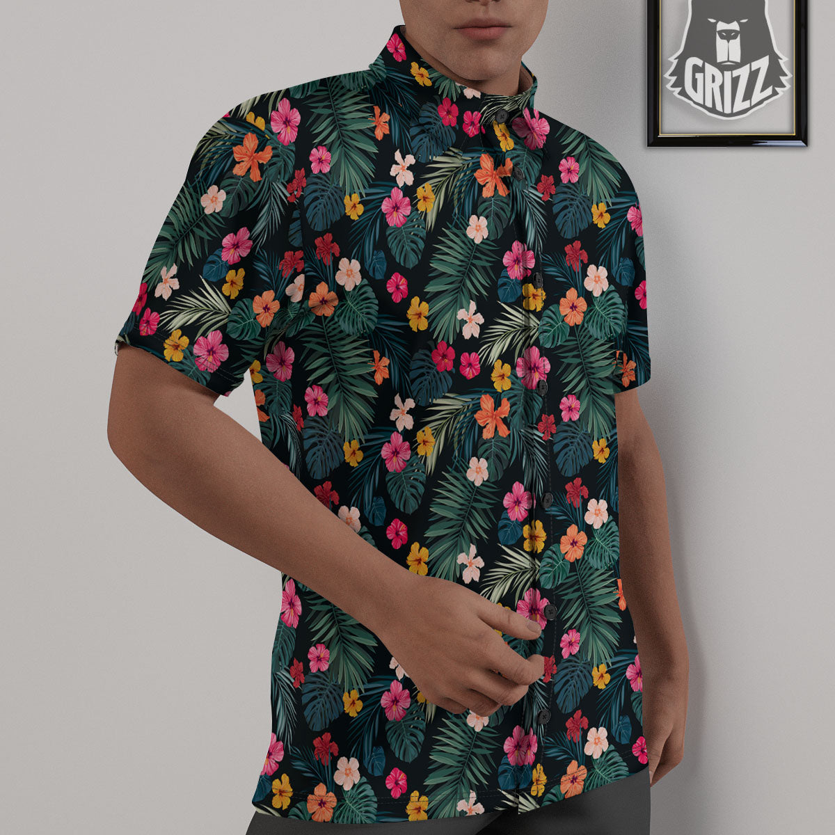 Hibiscus And Tropical Palm Print Pattern Untucked Shirts-grizzshop