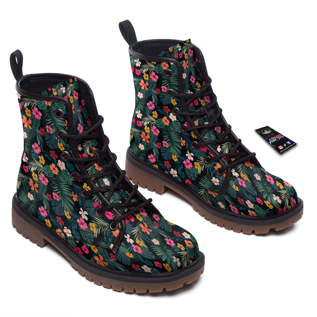 Hibiscus And Tropical Palm Print Pattern Work Boots-grizzshop