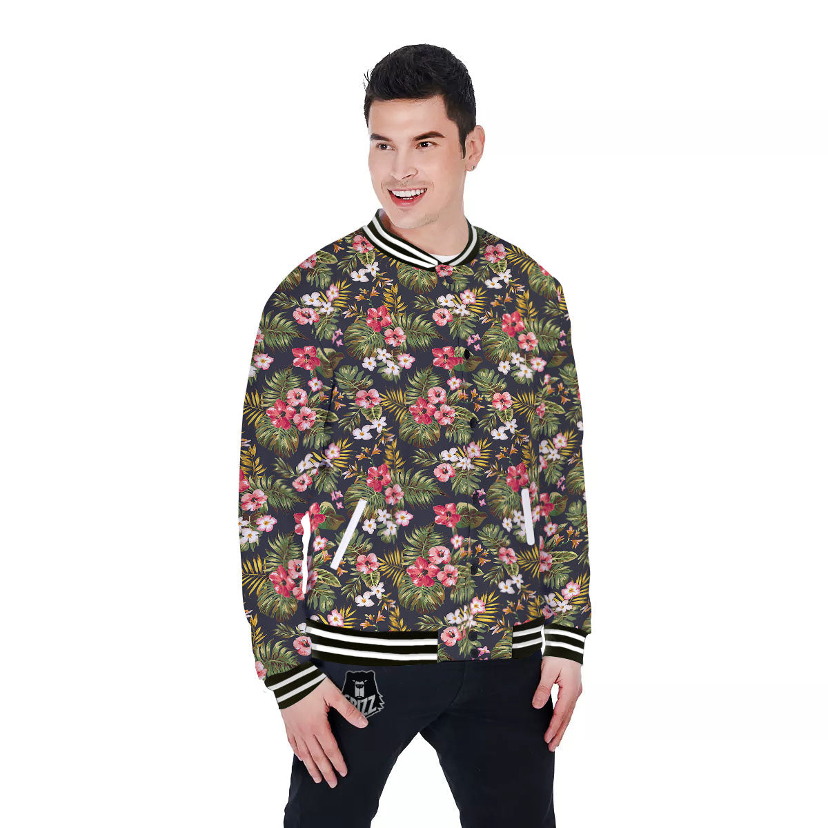 Hibiscus Blossom Tropical Print Pattern Baseball Jacket-grizzshop