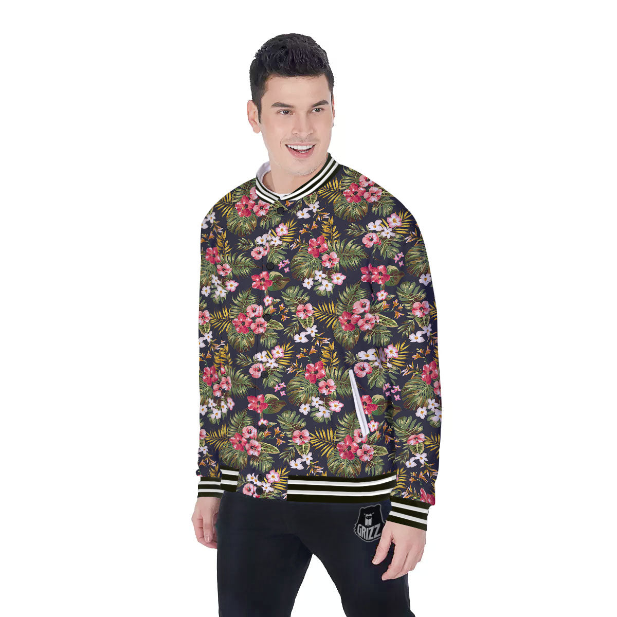 Hibiscus Blossom Tropical Print Pattern Baseball Jacket-grizzshop