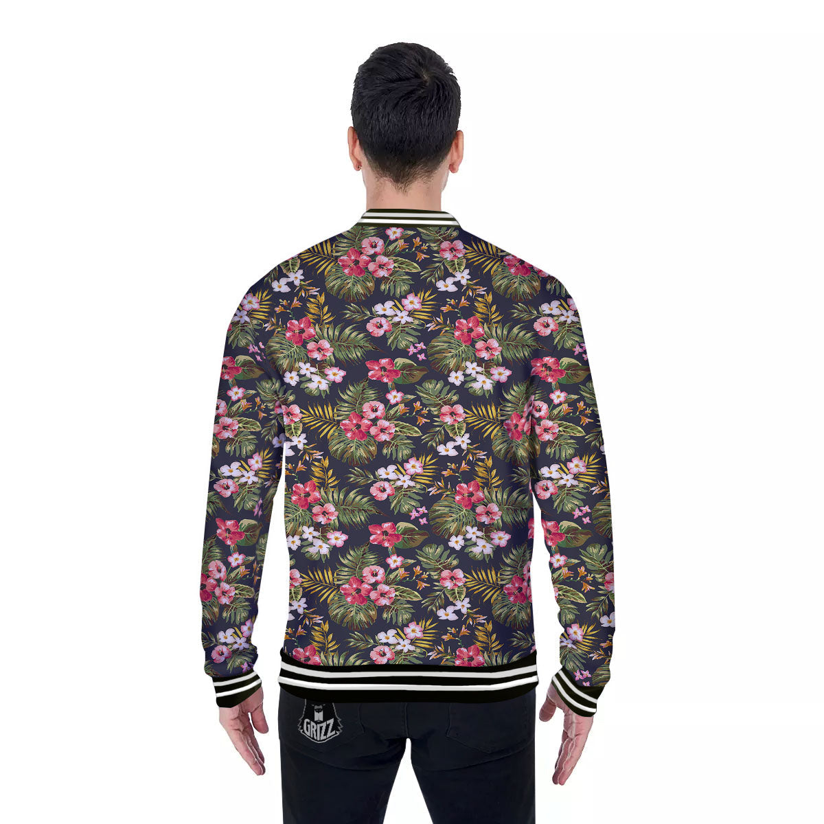 Hibiscus Blossom Tropical Print Pattern Baseball Jacket-grizzshop